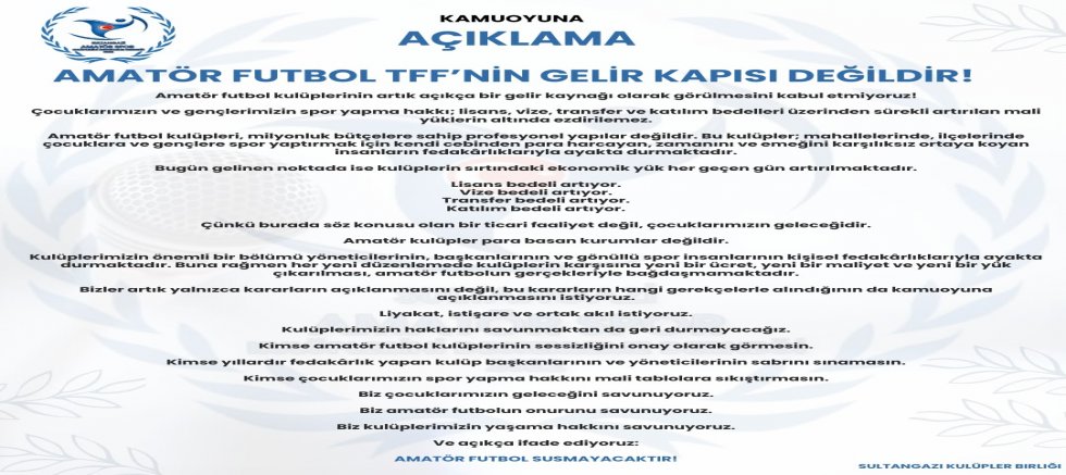 Sultangazi Kulüpler Birliği’nden TFF’ye Sert Tepki: “Amatör Futbol Susmayacaktır!”