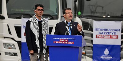 İBB’NİN GAZZE TIR’LARINI İMAMOĞLU VE FİLİSTİNLİ ÖĞRENCİ YUSUF BEREKET UĞURLADI 